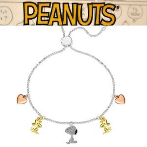 Peanuts‎ Tri-Tone Crystal Snoopy, Woodstock Heart Charm Bolo Bracelet